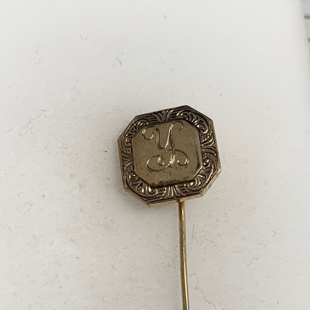 Vintage Gold Tone Octagon Initial Y Stick Pin Scrolled Border Lapel Accessory